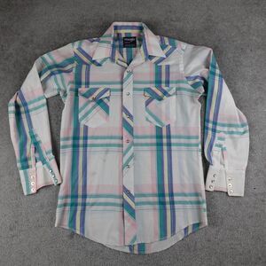 Vtg Wrangler Shirt Men 15.5-34 White Plaid Pearl Snap Cowboy Cut X-Long Tails